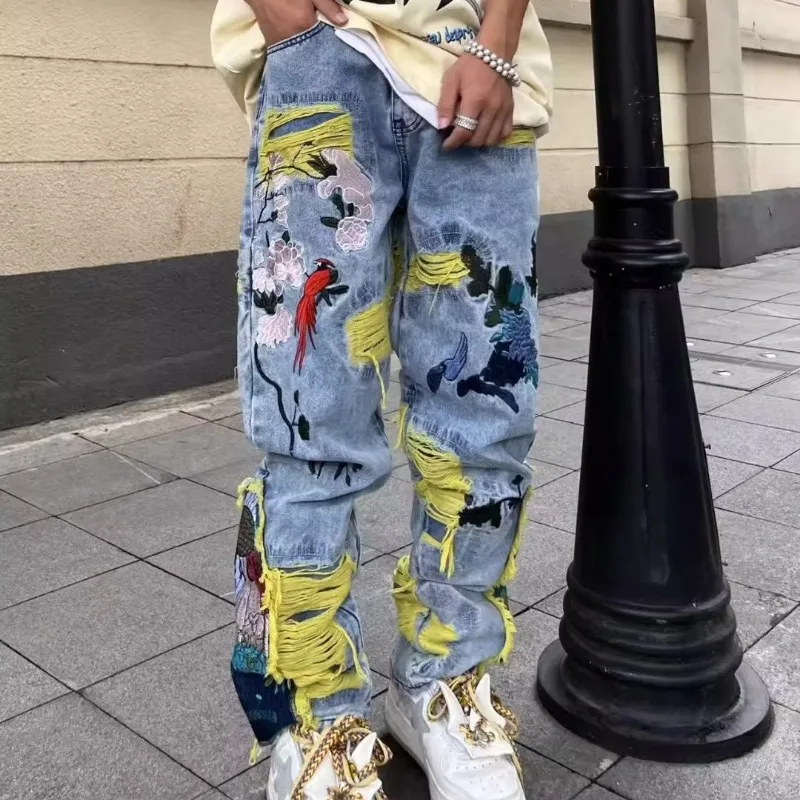 Street Fashion In Japanese - 아메리칸 빈티지 힙합 자수 낡은 청바지,