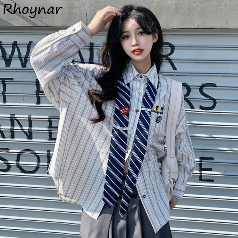 Street Fashion In Japanese - 여성용 스트라이프 셔츠, 헐렁한 프레피, 달콤한