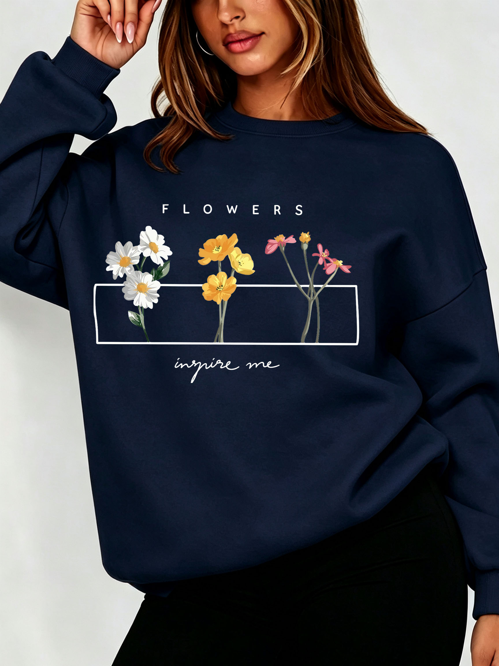 Oversized Crewneck Fleece - 여성 데이지 플로럴 스웨트셔츠 미니멀 와일드플라워