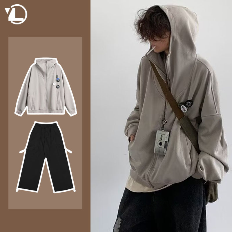 가을 대학 캐주얼 세트 남성 일본 하라주쿠 지퍼 양털  - Street Fashion In Japanese 리뷰 및 가격