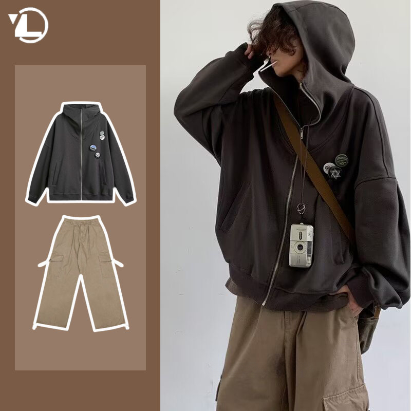 가을 대학 캐주얼 세트 남성 일본 하라주쿠 지퍼 양털  - Street Fashion In Japanese 리뷰 및 가격