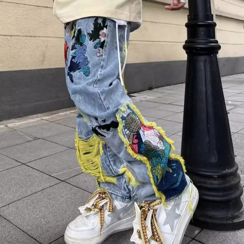 아메리칸 빈티지 힙합 자수 낡은 청바지, Y2k 하이  - Street Fashion In Japanese 리뷰 및 가격