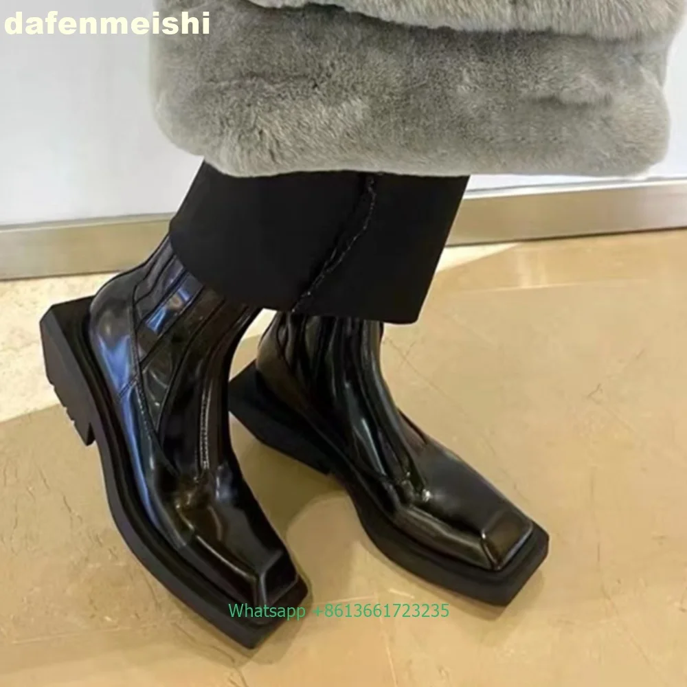 블랙 에나멜 가죽 스퀘어 토 여성 앵클 부츠 플랫폼 풀 - Street Fashion Rome 2025 리뷰 및 가격