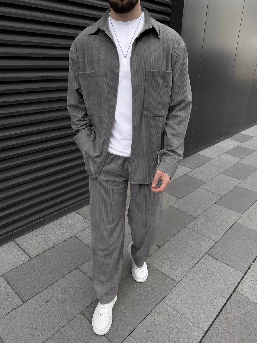 남성 코듀로이 투피스 세트: 긴팔 버튼다운 셔츠와 와이 - Street Fashion Casual 리뷰 및 가격