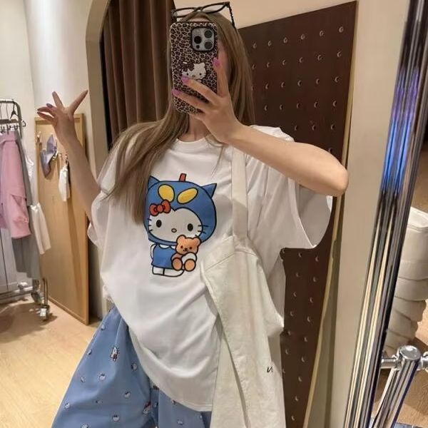 반팔 헬로 키티 프린트 티셔츠 산리오 여성 여름 새로운 - Street Fashion Casual 리뷰 및 가격
