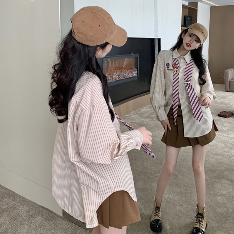 여성용 스트라이프 셔츠, 헐렁한 프레피, 달콤한 십대  - Street Fashion In Japanese 리뷰 및 가격