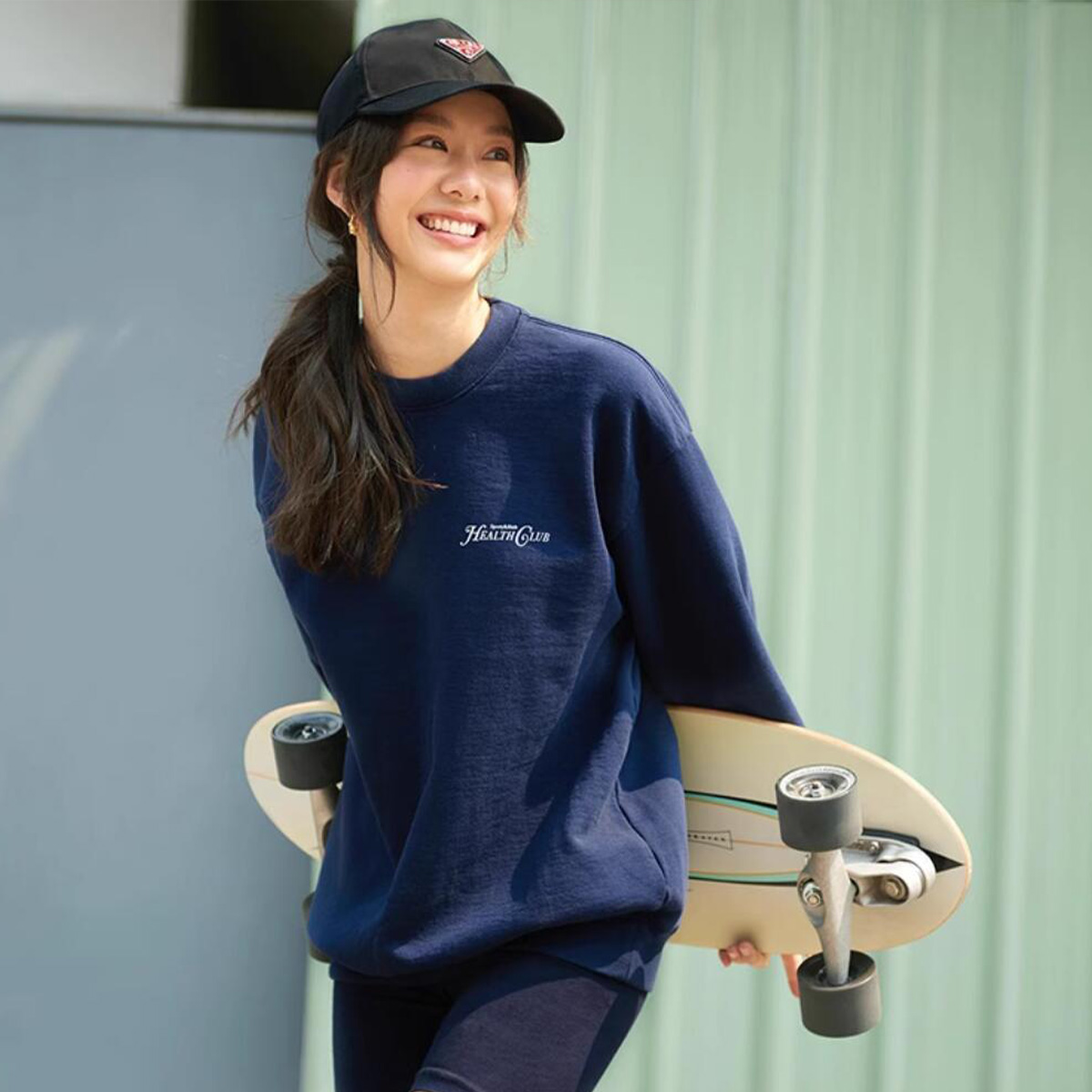 여성용 레터 프린팅 네이비 코튼 스웨트 셔츠, 크루넥  - Oversized Crewneck Fleece 리뷰 및 가격